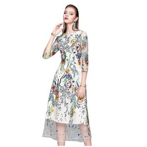 Antrophology Vicky and Lucas Floral Embroidered Midi Dress Sheer Overlay Party L